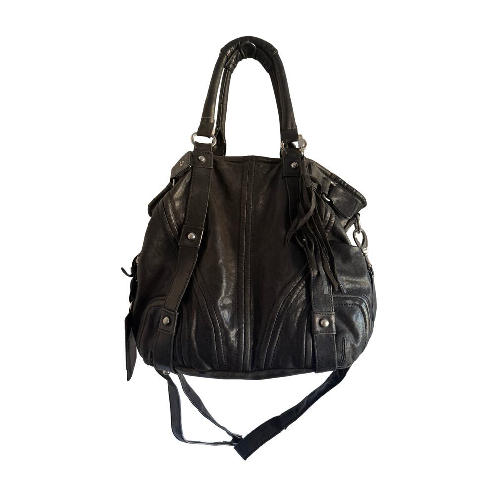 Black Leather Bebe Tote Bag with shoulder strap silver hardware - Picture 3 of 7